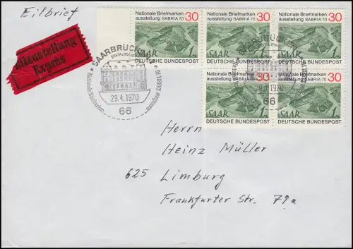 619 SABRIA 70 portoger. 5-fach-Frankatur Express-Brief ESSt Saarbrücken 29.4.70 