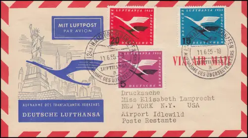 Eröffnung LH Hamburg-Frankfurt-New York Brief 205, 207, 208 SSt HAMBURG 11.6.55