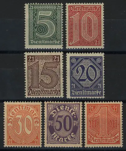 16-22 Zähldienstmarken für Preußen mit 21 in den Ecken, Satz 7 Werte **