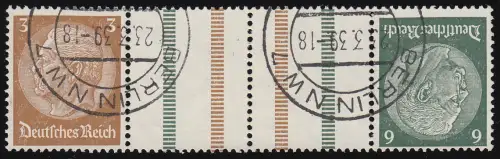 Hindenburg 1937 Zusammendruck KZ 27.2 3+Z+Z+6, Abstand 9 mm, O gpr.