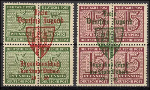 Döbeln 2 und 3 Aufdruckviererblöcke - je geprüft Zierer BPP, Falzspur oben *