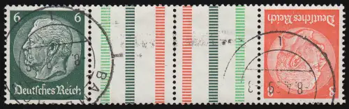 Hindenburg 1937 Zusammendruck KZ 29.1 6+Z+Z+8, 6 Strl., gestempelt O