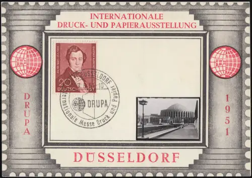 74 Lortzing auf Erinnerungskarte DRUPA 1951 in Düsseldorf, SST 7.6.1951