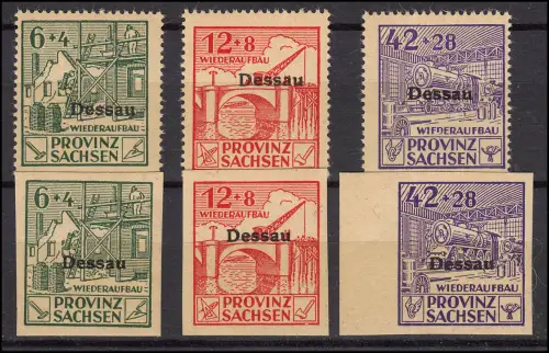 Dessau I-III A und B - Wiederaufbau, je 3 Werte gezähnt und ungezähnt, **