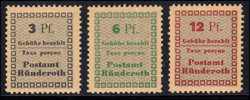 Ründeroth 1-3 Gebührenzettel 3+6+12 Pf je sauber postfrisch **