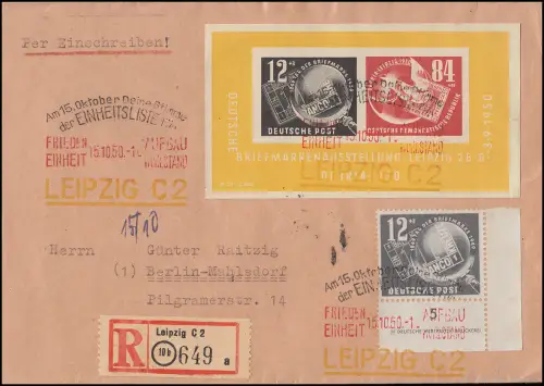 Block 7 DEBRIA + 245 DZ auf R-Brief mit 3-Farben-Losungsstempel Einheitsliste