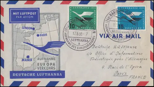 206-207 Lufthansa auf Brief SSt HAMBURG Aufnahme Europaverkehr 17.5.55