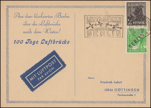 1+4a Schwarzaufdruck 2+10 Pf. Postkarte Luftbrücken-Stempel Berlin 11.10.48