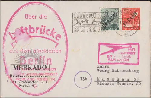 3+7 Schwarzaufdruck 8 + 16 Pf. LP-Brief Luftbrücken-Stempel Berlin 1.10.48