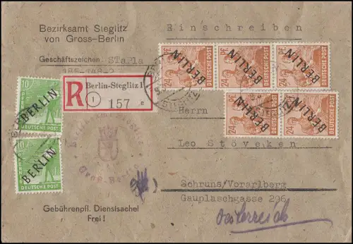 4+9 Schwarzaufdruck 10 + 24 Pf. R-Brief nach Österreich Bezirksamt Berlin 9.3.49