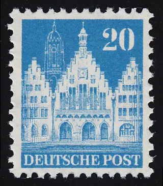 Bizone 84 XF Bauten 20 Pf. blau, weit gezähnt, postfrisch **