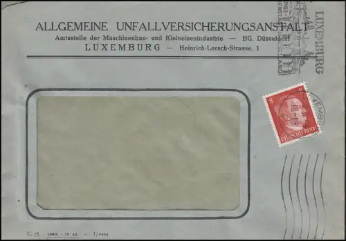Freimarke Hitler 8 Pf. EF auf Fensterbrief Unfallversicherung LUXEMBURG 6.11.43