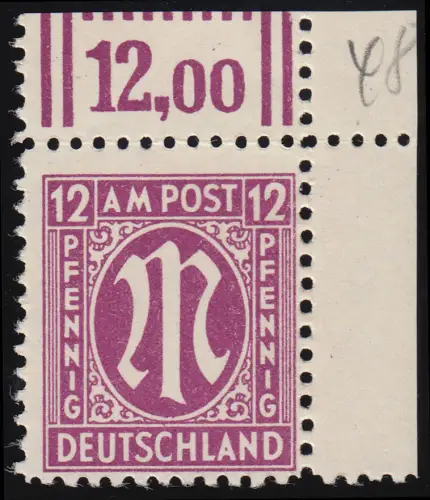 23 D oN AM-Post 12 Pf Ecke oben rechts OHNE Bogenzählnummer, Befund BPP