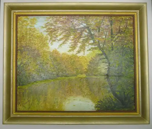Landschaftsgemälde Waldsee Herbstbild M. Fendel/Feudel ca. 1940