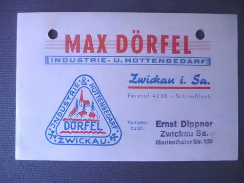 Visitenkarte Geschäftskarte Fa. Max Dörfel Industriebedarf Zwickau