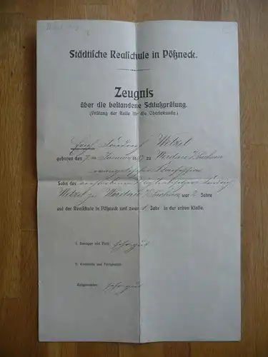 Orig. Zeugnis Abschlussprüfung Realschule Pößneck 1914