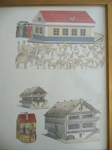 Probedruck Papierbogen mit Katalog-Abbildungen Spielzeug Erzgebirge gerahmt