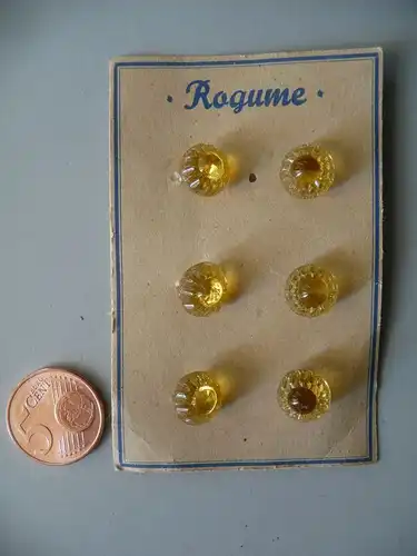 6 alte böhmische Glasknöpfe Knopf "Rogume" honiggelb klein rund