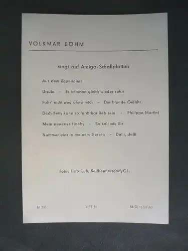 Autogrammkarte Volkmar Böhm / Schlagersänger Foto handsigniert 1963
