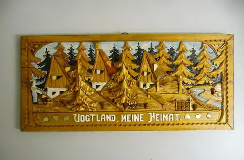 Holzbild Holzrelief Schnitzarbeit Volkskunst "Vogtland meine Heimat"