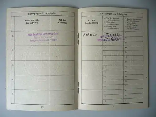 Arbeitsbuch DDR Rothenkirchen Schönheide 1954