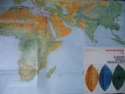 Prospekt Interflug Europa  Afrika Mittlerer Osten Flugstrecken Landkarte