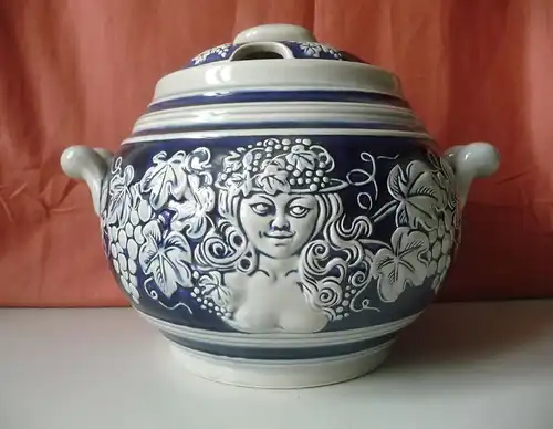 Wunderschöner Bowletopf grau blau Weinmotive / Westerwälder Keramik