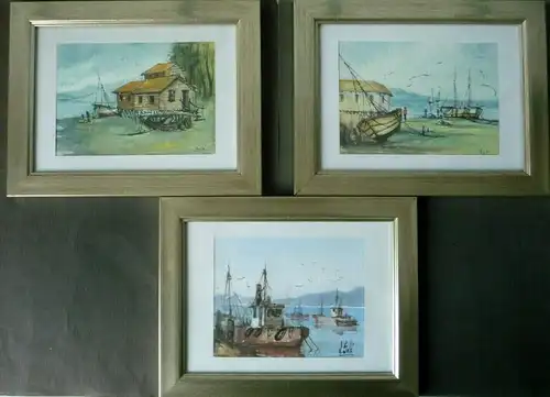 3 x kleines Bild Aquarell Boote Schiffe Bootshaus / sign. Solé Chile?