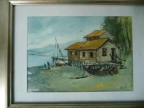 3 x kleines Bild Aquarell Boote Schiffe Bootshaus / sign. Solé Chile?