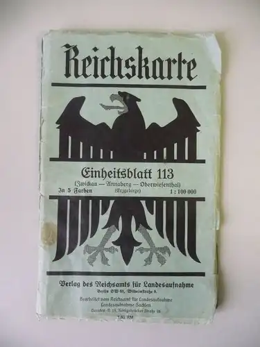 Reichskarte Einheitsblatt 113: Zwickau Annaberg Oberwiesenthal Erzgebirge 1936