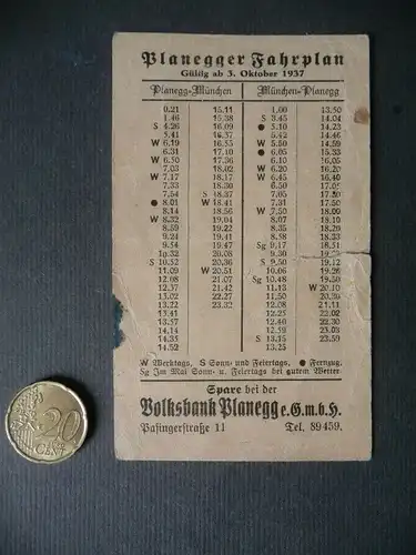 Fahrplan Zettel Planegg - München 1937