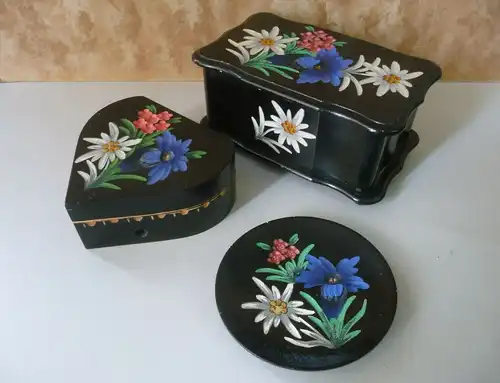 Holzkassette Kästchen Herzdose Untersetzer schwarz Alpenblumen Set 3 Teile