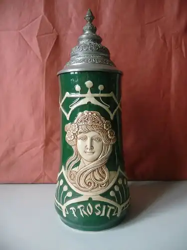 Zierkrug Bierkrug mit Zinndeckel "Prosit" Mädchenkopf Jugendstil