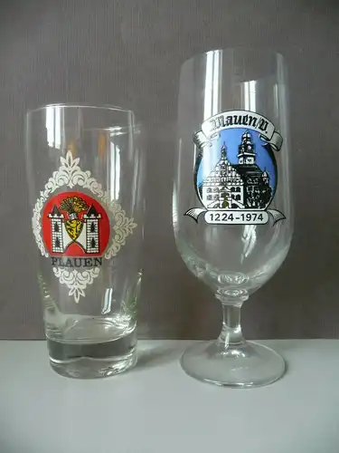 2 kleine Biergläser Andenkengläser Plauen / Vogtland DDR