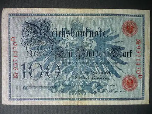 Reichsbanknote 100 Mark 1908 Nr. 9571470D