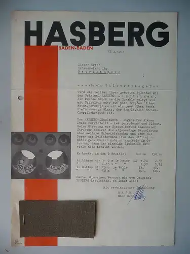 Orig. Reklame Brief Hasberg Baden-Baden Läppleinen Schmirgelpapier m. Warenprobe