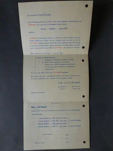 Orig. Reklame Faltblatt Bestellkarte Fit flüssig Spülmittel VEB Fettchemie 1956