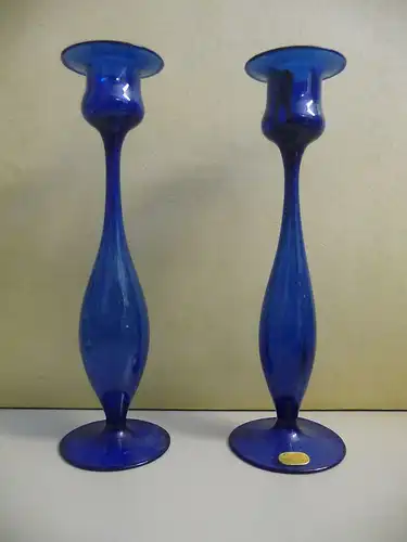 2 Kerzenhalter Kerzenständer aus blauem Glas mundgeblasen 22 cm