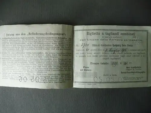 Zusammengestelltes Fahrscheinheft Crimmitschau - Schweiz - Italien 1906