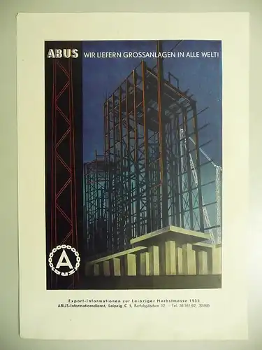 Reklame Anzeige Kleinplakat Abus Stahlbau Leipzig 1955