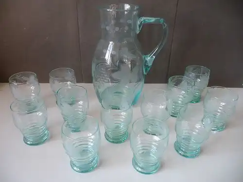 Set Karaffe + 12 Weingläser Schliffdekor Glas