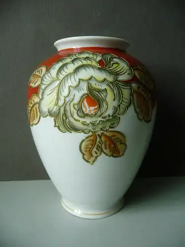 Kleine Vase bauchig Blumendekor weiß-rot / Schaubach-Kunst Porzellan