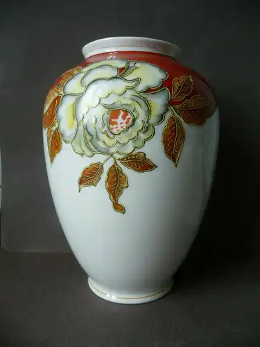 Schöne Vase bauchig Blumendekor weiß-rot / Schaubach-Kunst Porzellan