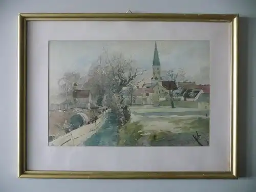 Aquarell Landschaft Kirche Kirchturm Dorf und Bach