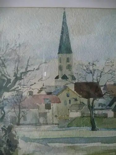 Aquarell Landschaft Kirche Kirchturm Dorf und Bach