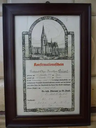 Konfirmationsschein / Plauen Pauluskirche 1928 gerahmt