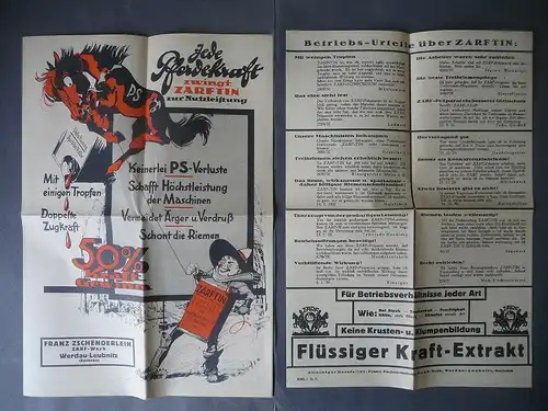 Orig.Reklame Zarftin Treibriemen-Kraftmittel/ Franz Zschenderlein Werdau ca.1930