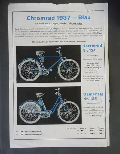 Reklameblatt Artikelblatt Preisliste Fahrad Chromrad Herrenrad Damenrad 1937