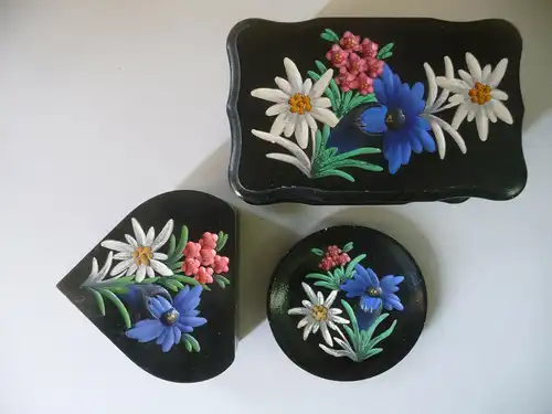 Holzkassette Kästchen Herzdose Untersetzer schwarz Alpenblumen Set 3 Teile