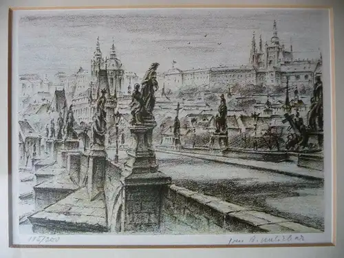 Orig. Druckgraphik Ansicht Prag Karlsbrücke Hradschin nummeriert signiert